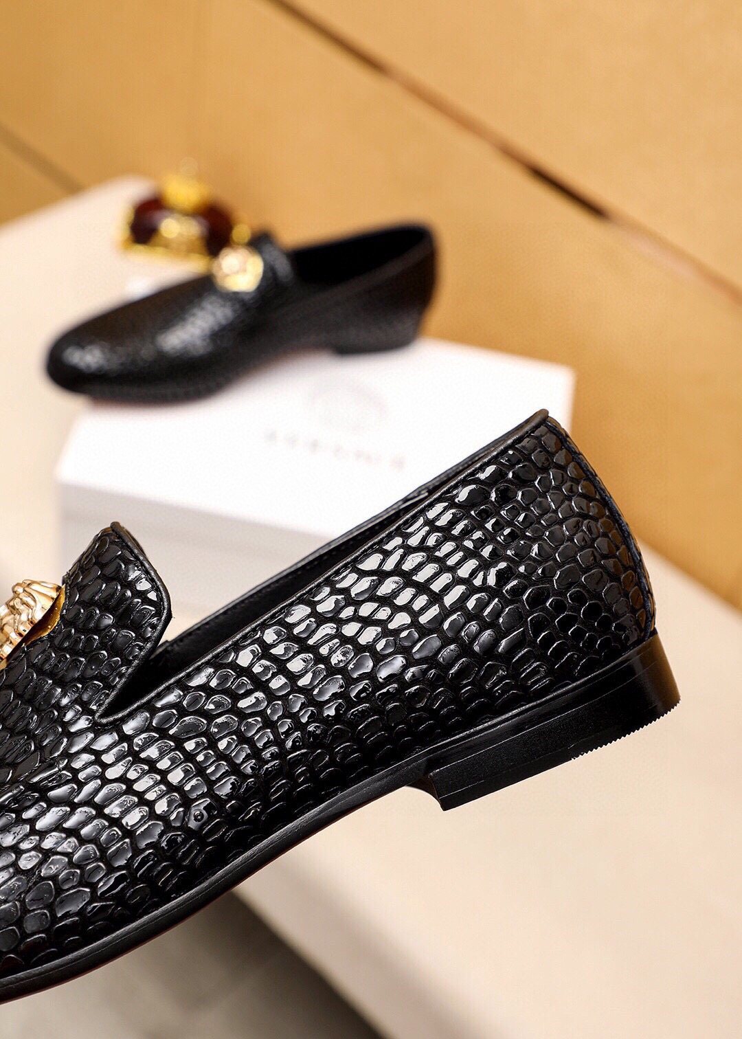 VERSACE Black Textured Slip-On Shoes — side