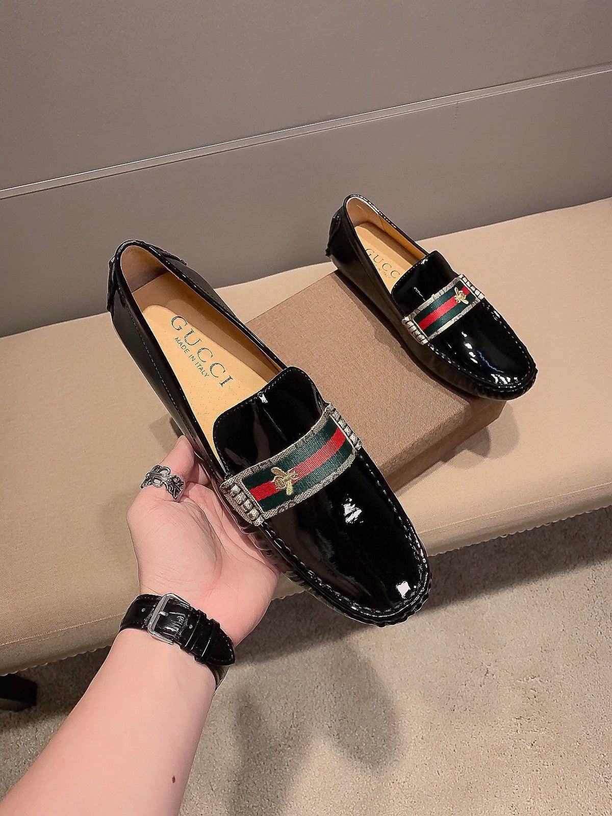 Gucci Black Stripe Loafers — front