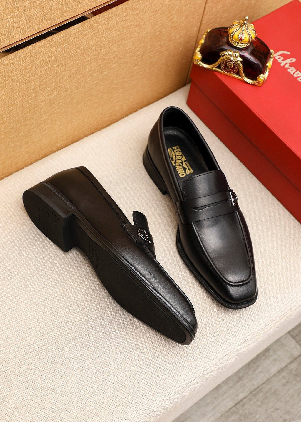 Ferragamo Black Buckle Loafers — side