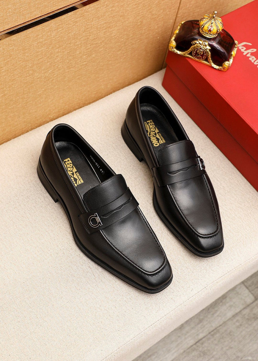 Ferragamo Black Buckle Loafers — hero