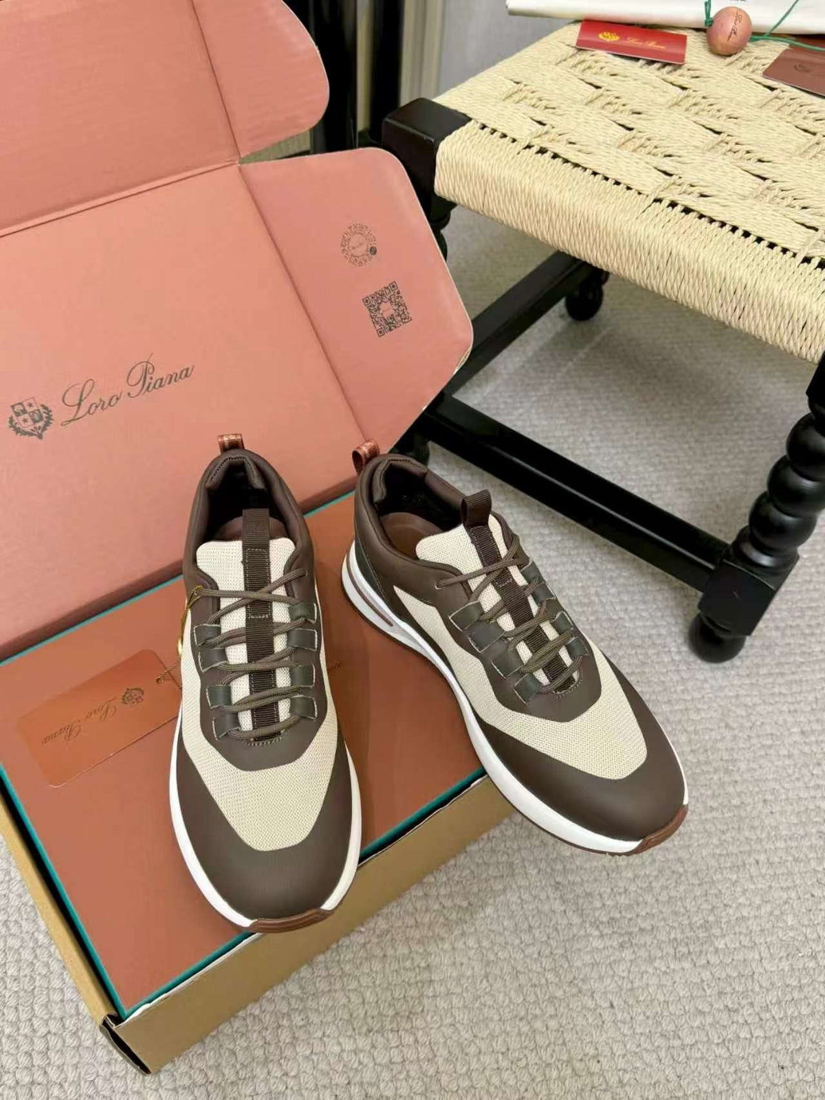 Loro Piana Brown and Cream Low-Top Sneakers — front