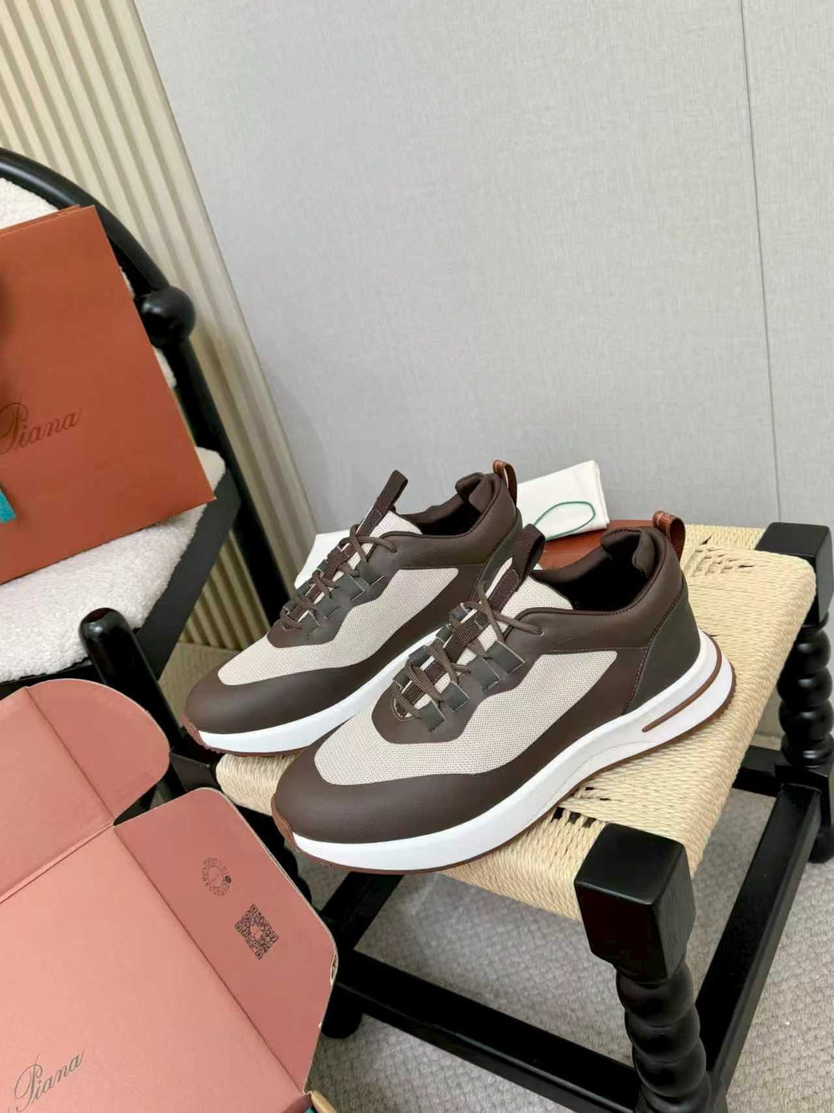 Loro Piana Brown and Cream Low-Top Sneakers — side