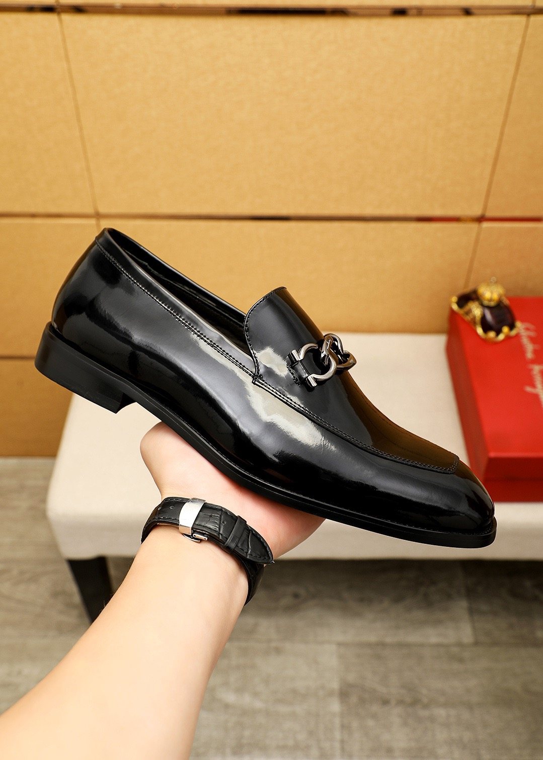 Ferragamo Black Metal-Accent Loafers — side