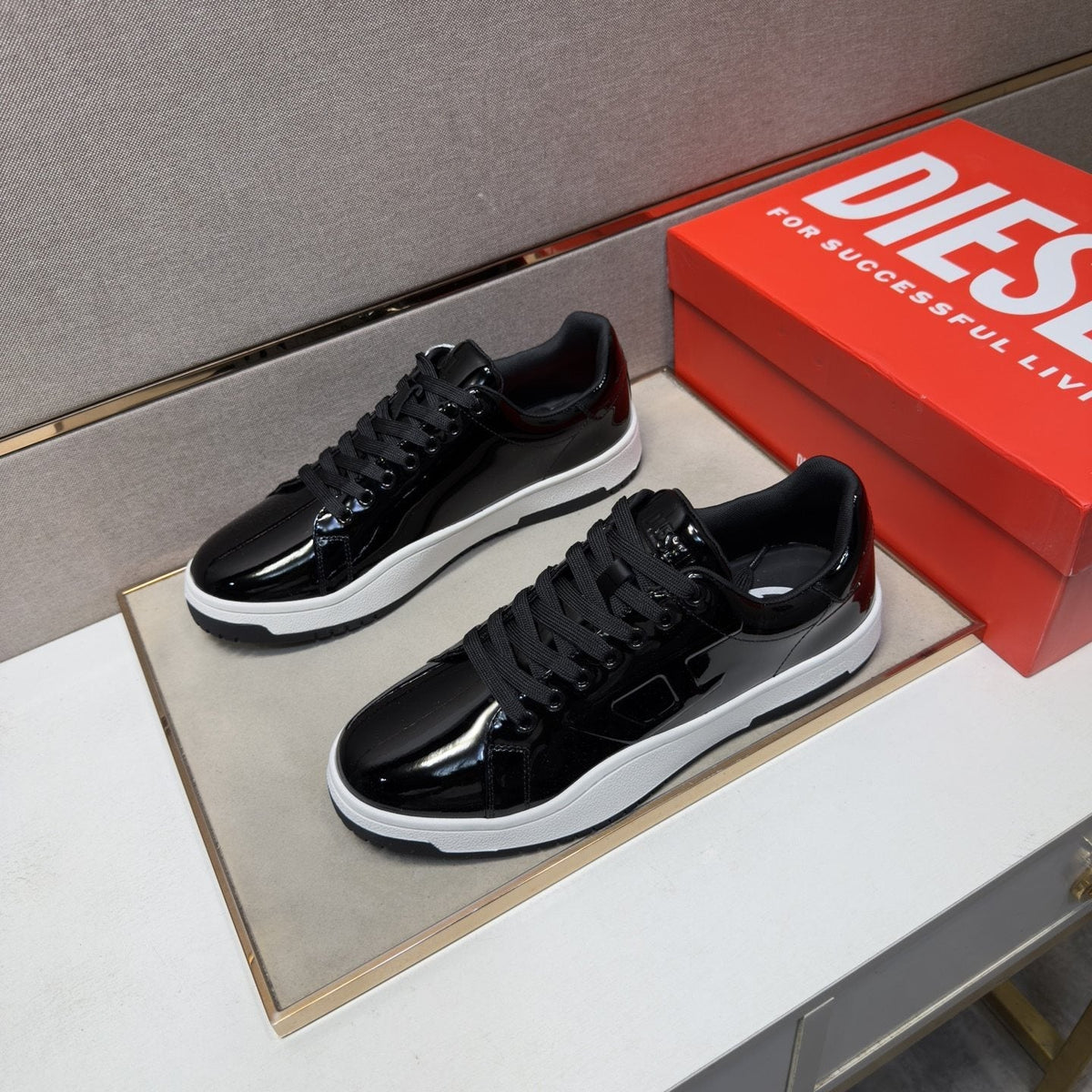 Diesel Glossy Black Low-Top Sneakers — front