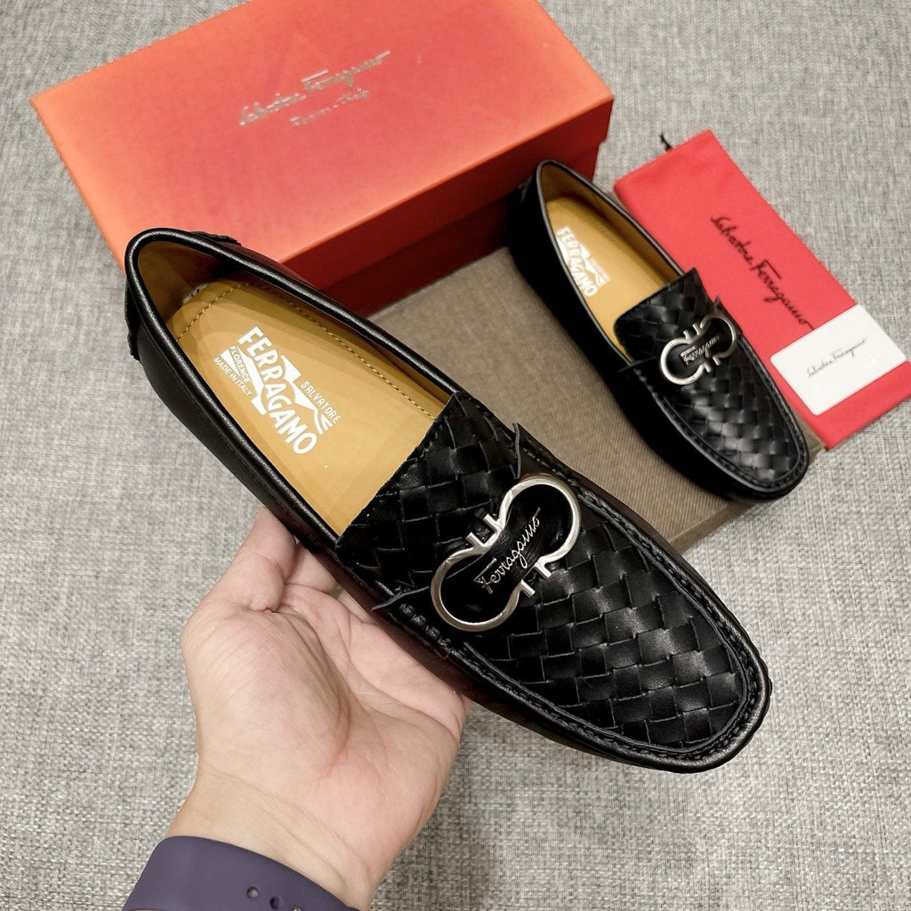 Ferragamo Black Woven Driving Loafers — model