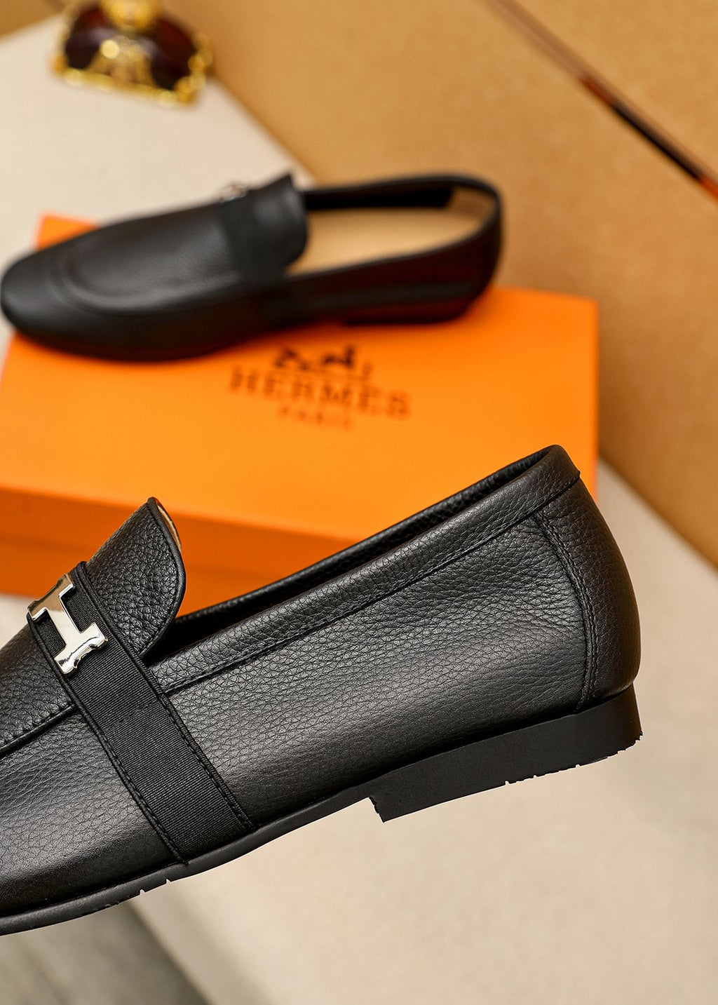 Hermès Black H-Hardware Loafers — detail