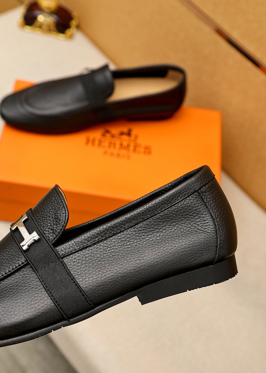 Hermès Black H-Hardware Loafers — detail