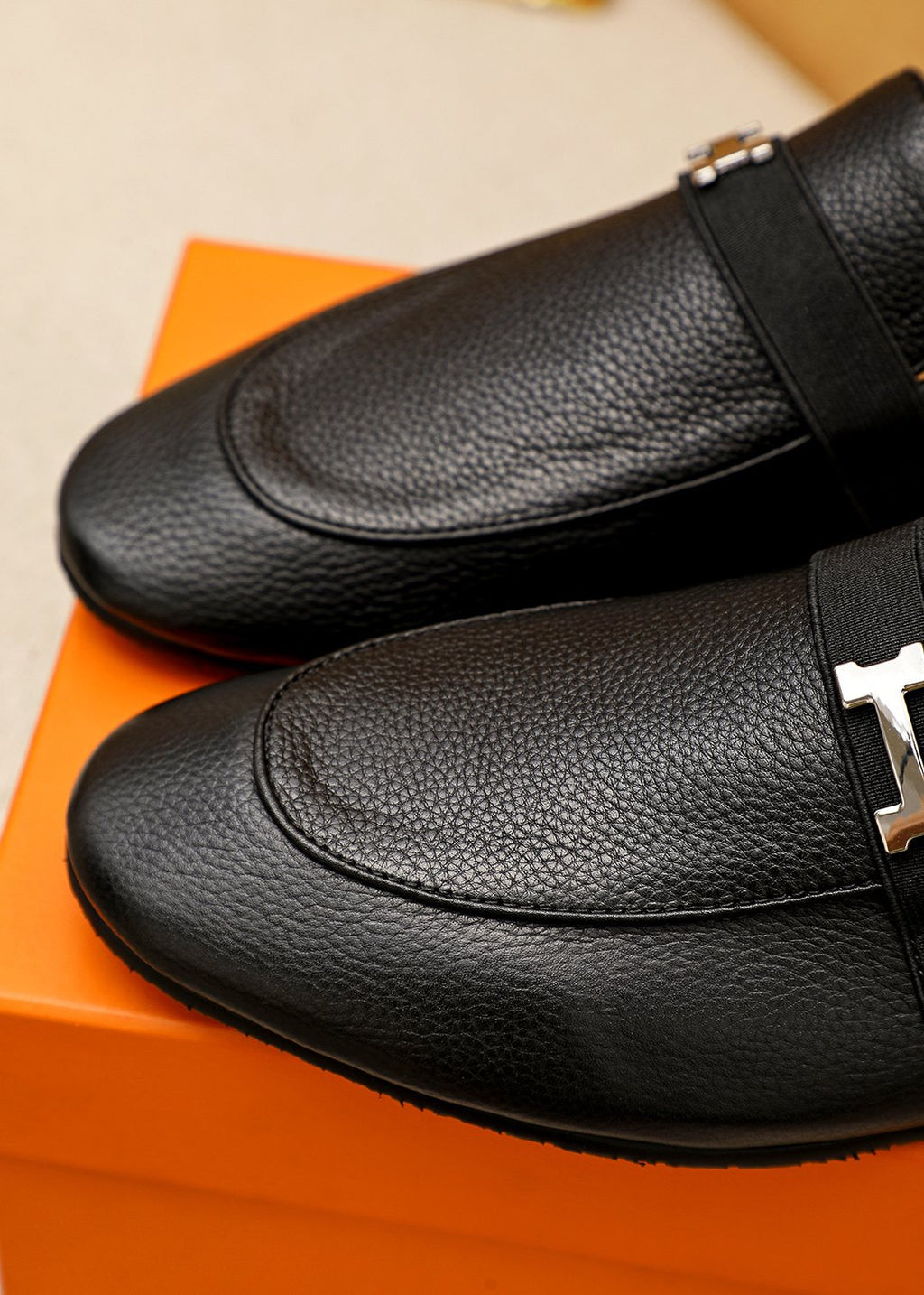 Hermès Black H-Hardware Loafers — detail