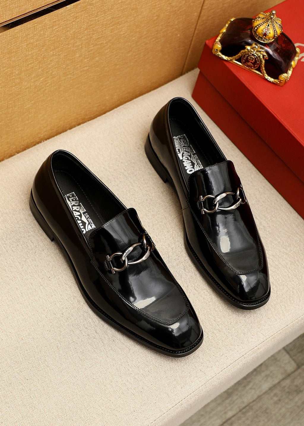 Ferragamo Black Patent Bit Loafers — front
