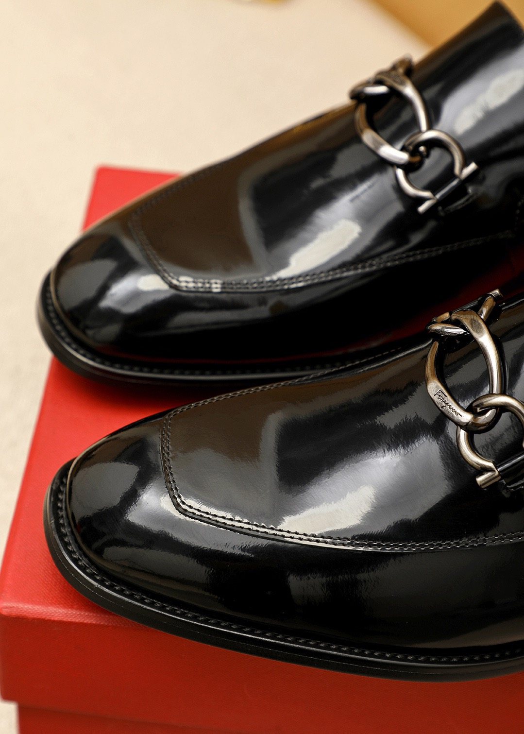 Ferragamo Black Patent Bit Loafers — detail