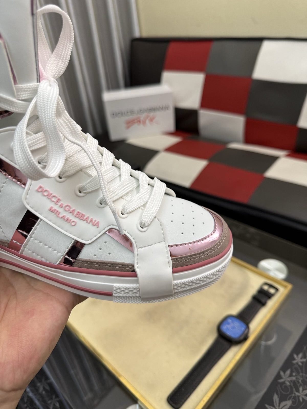 Dolce & Gabbana White and Pink High-Top Sneakers — side