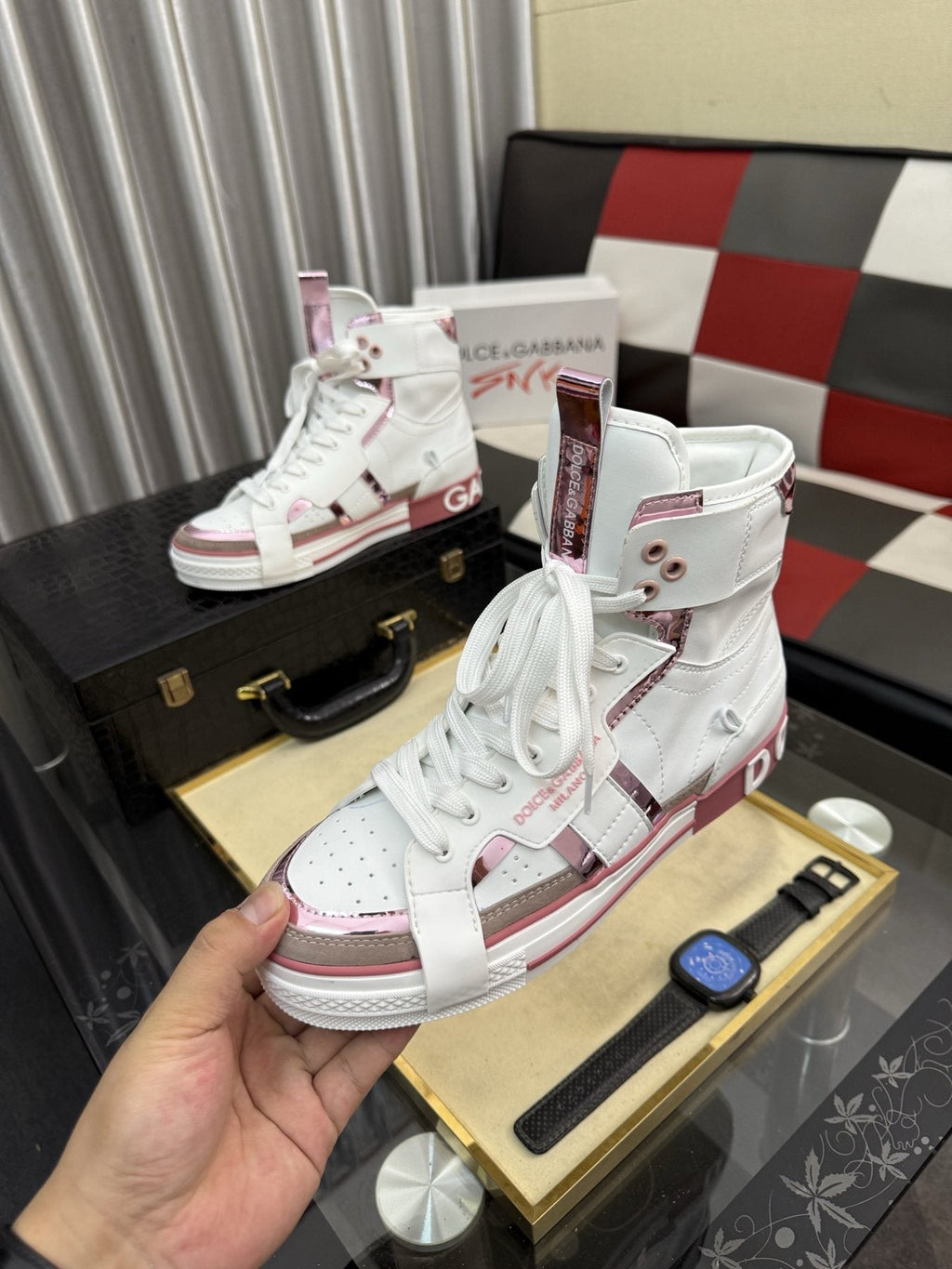 Dolce & Gabbana White and Pink High-Top Sneakers — front