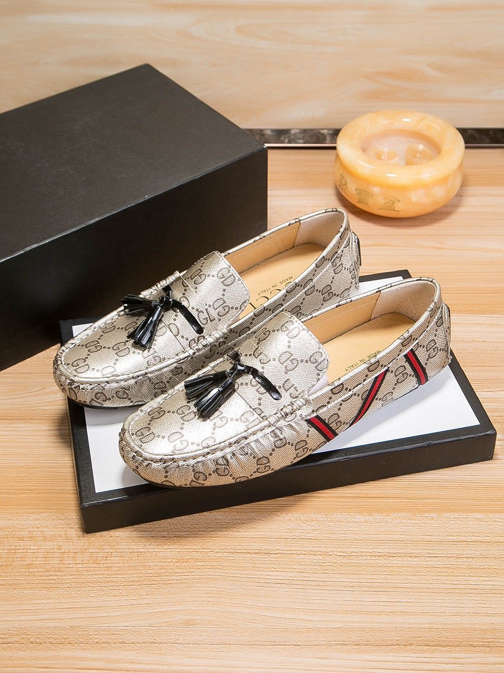 Gucci Monogram Stripe Tassel Loafers — front