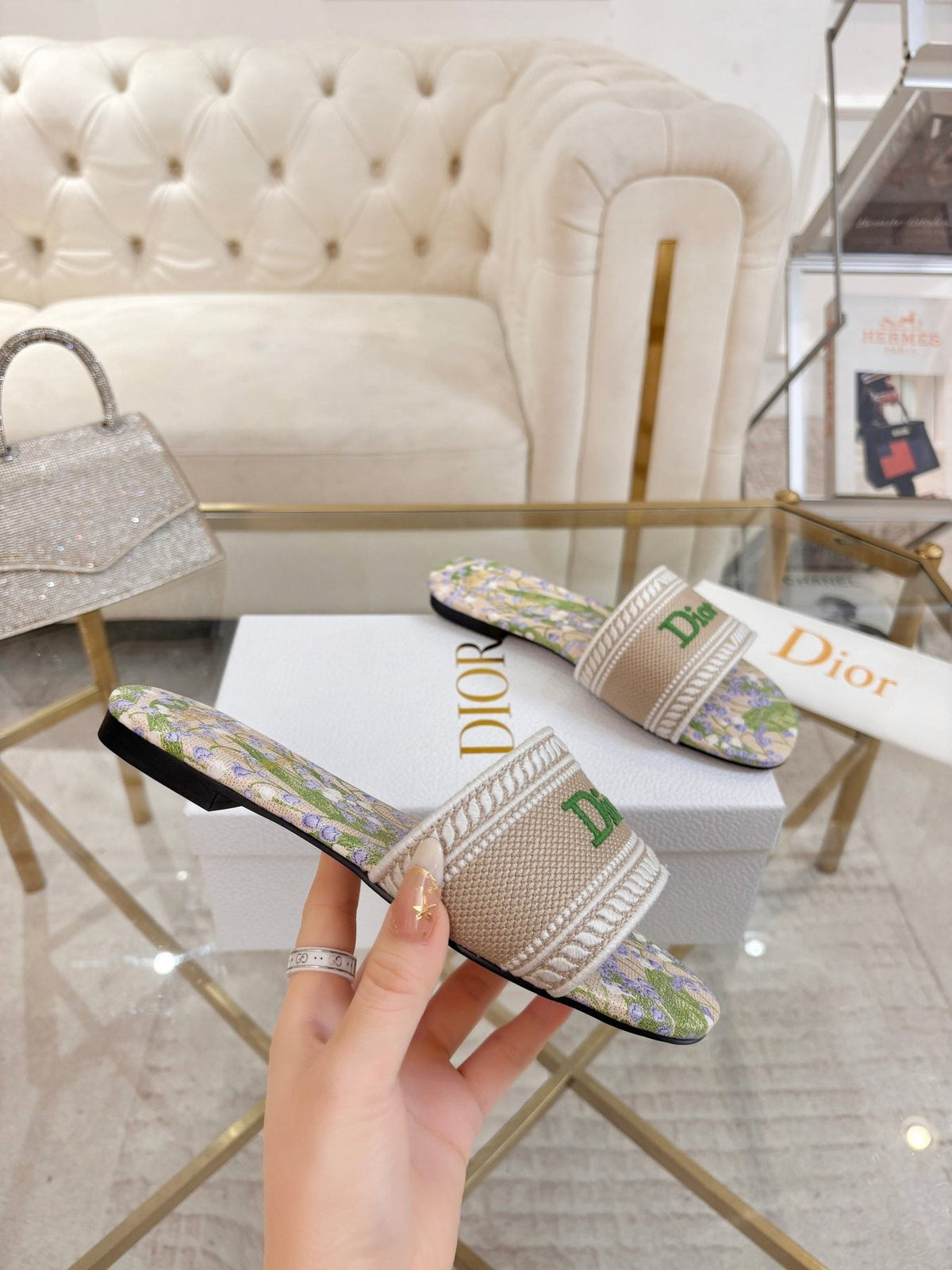 Dior Beige Floral Embroidered Slide Sandals — side