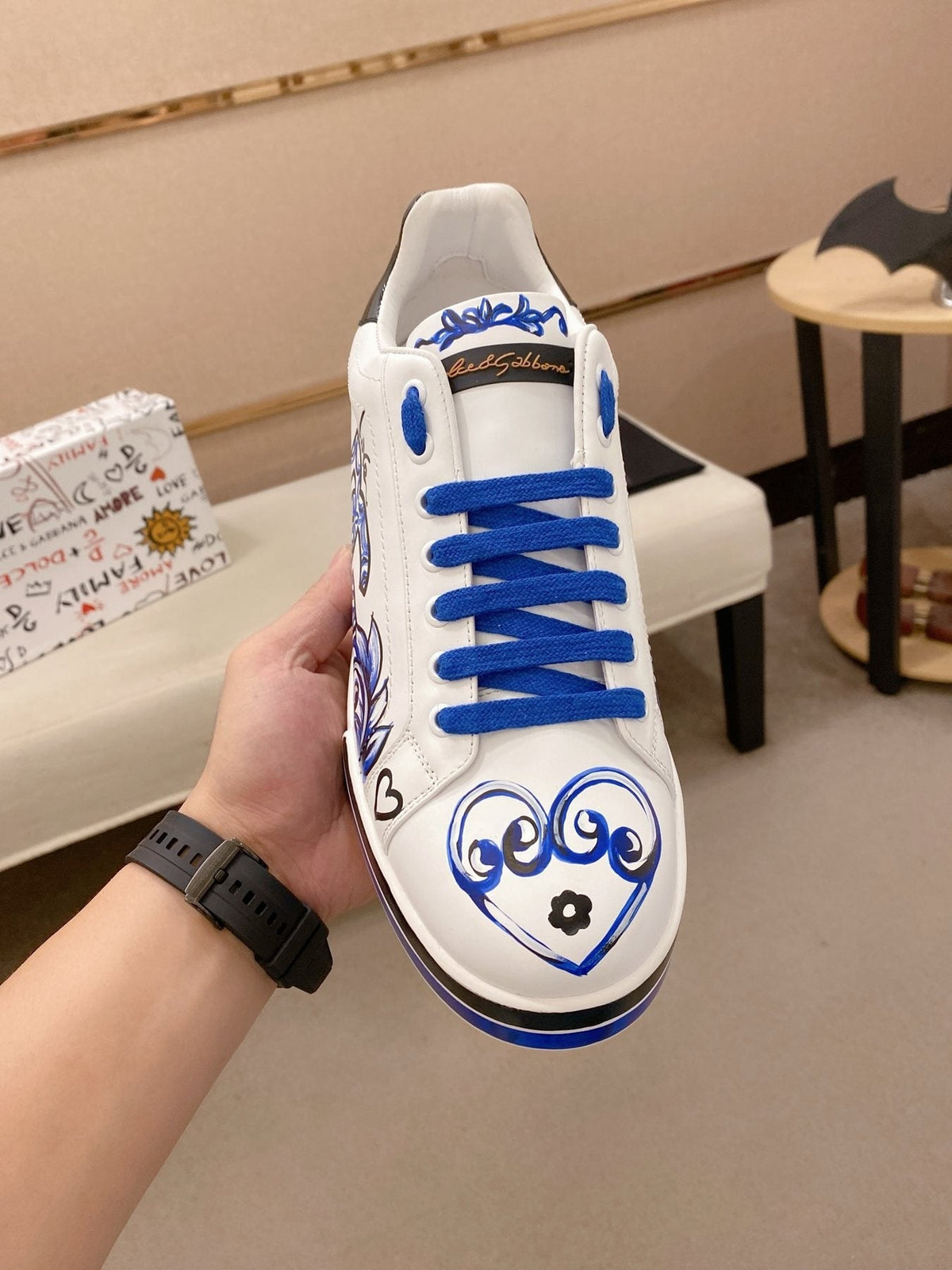 Dolce & Gabbana White Blue Graphic Sneakers — front