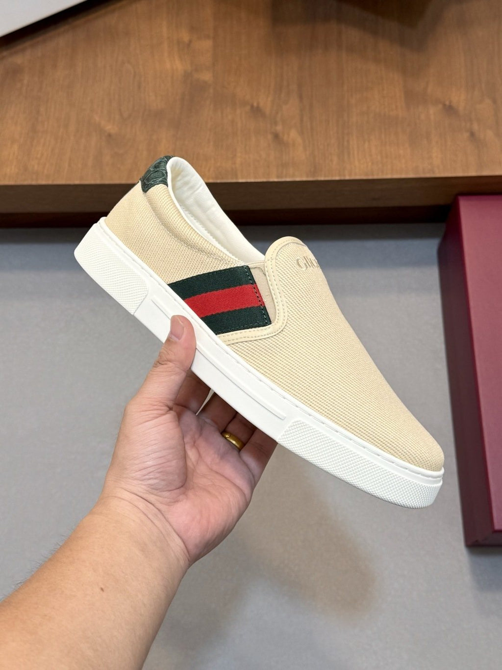 Gucci Beige Web Stripe Slip-On Sneakers — model