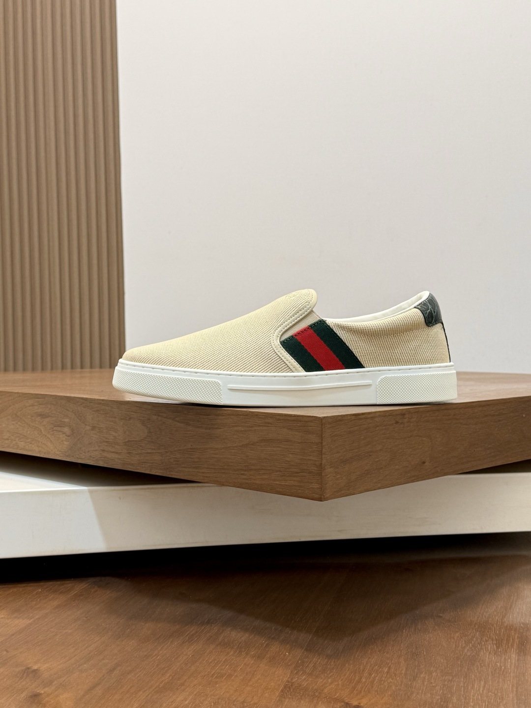 Gucci Beige Web Stripe Slip-On Sneakers — side
