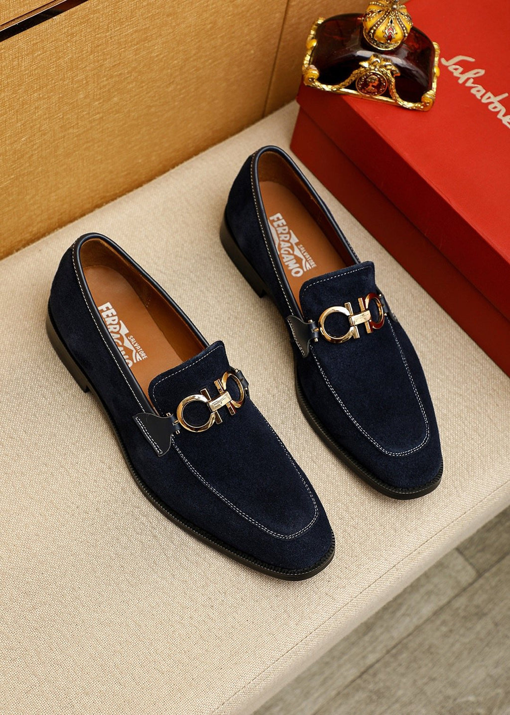 Ferragamo Navy Blue Hardware Loafers — hero
