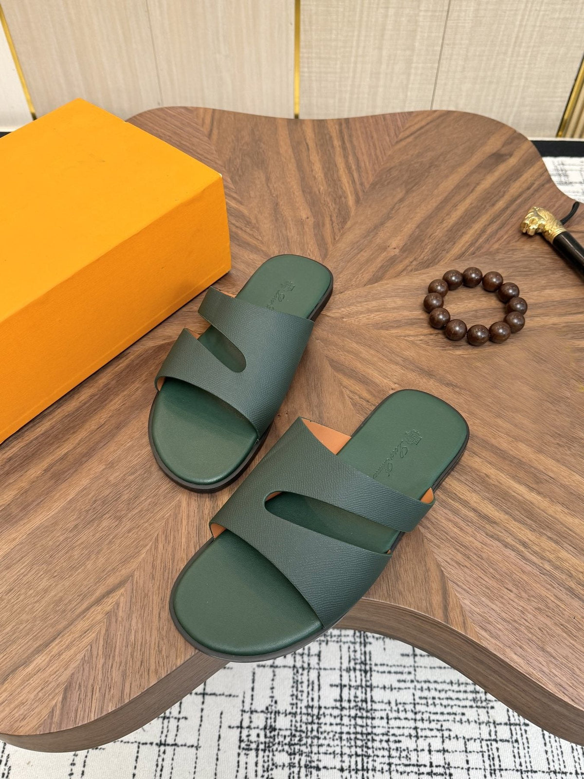Loro Piana Dark Green Slide Sandals — front