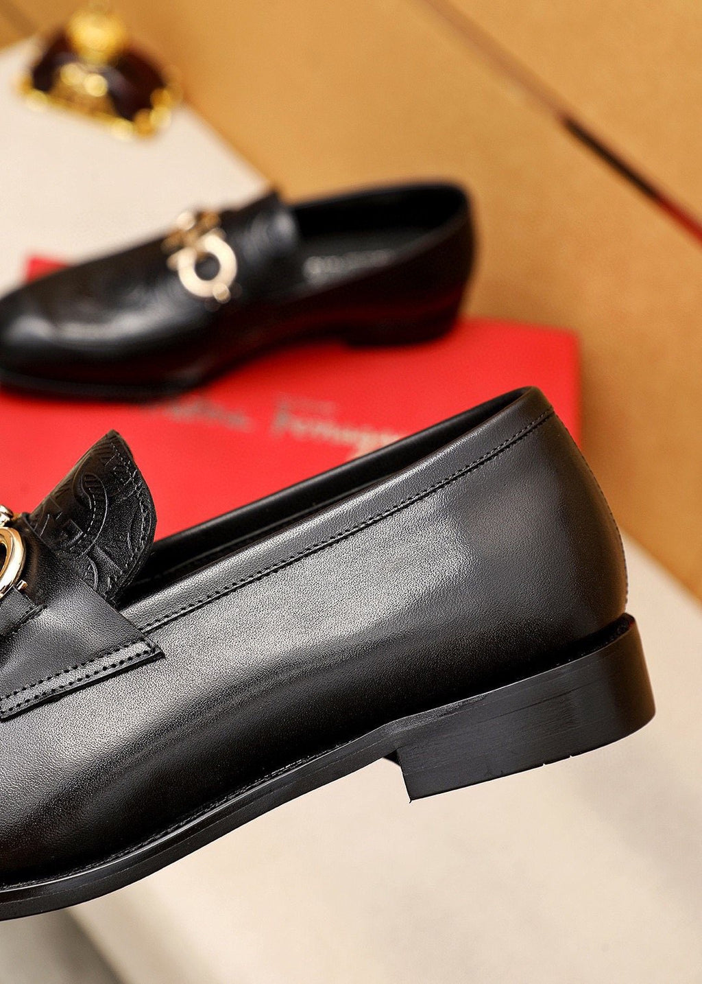 Ferragamo Black Embossed Buckle Loafers — side