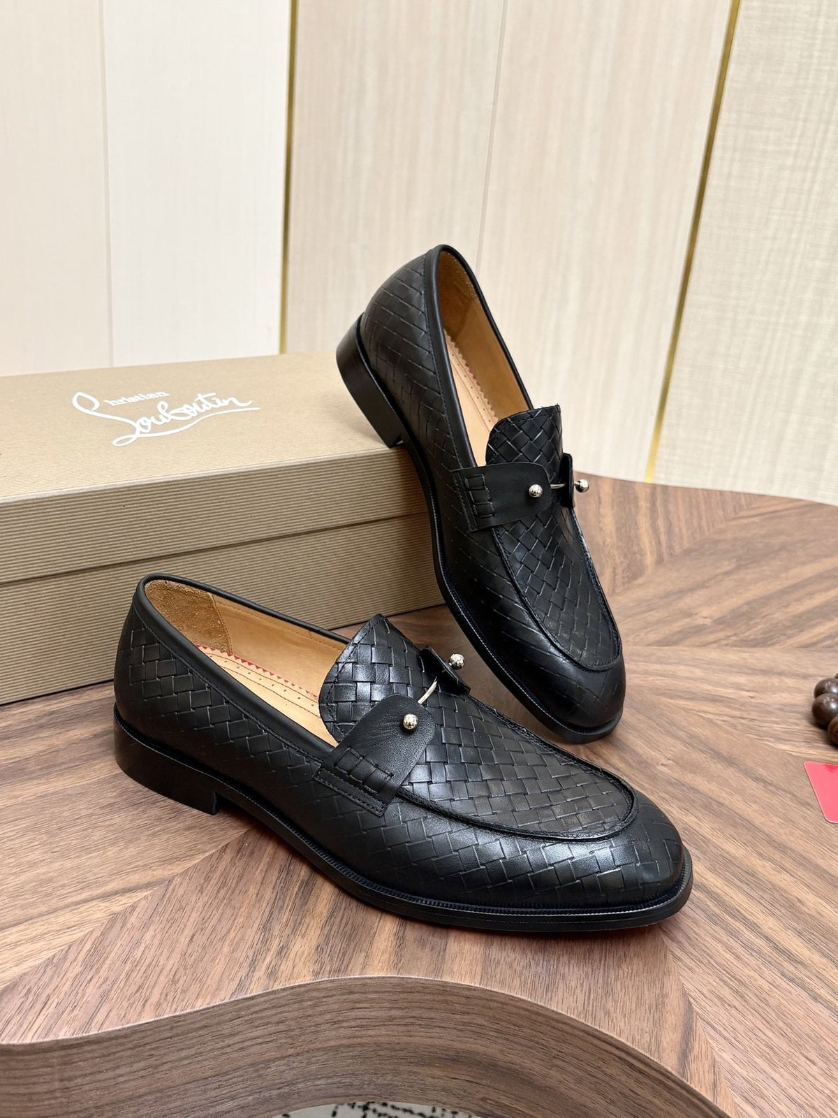 Black Woven Leather Loafers — side