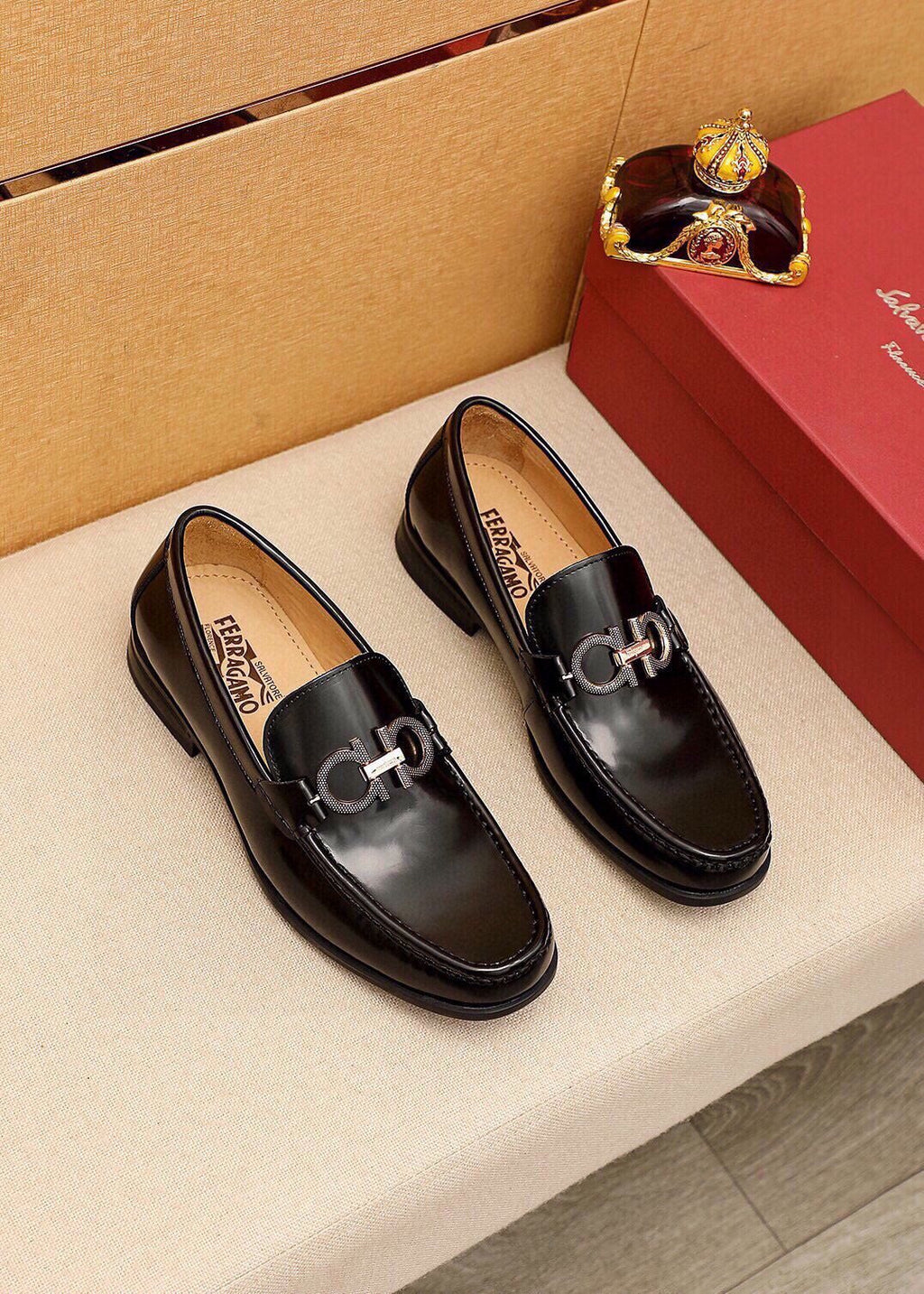 Ferragamo Black Hardware Loafers — front