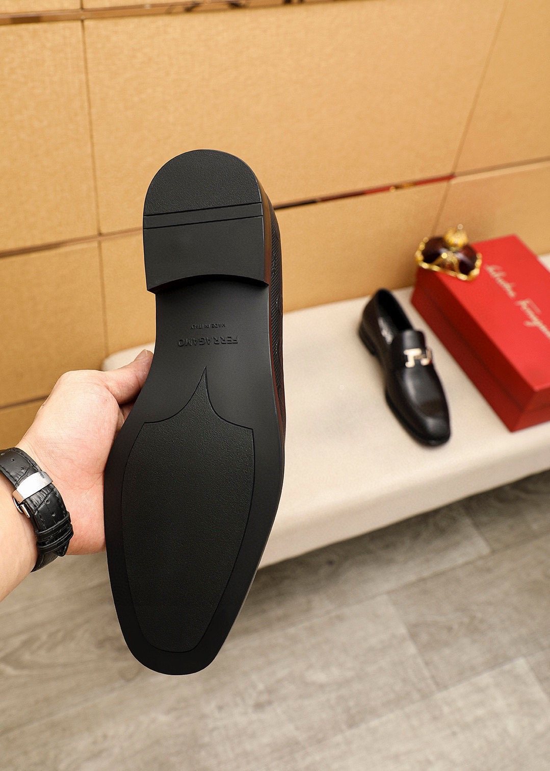 Ferragamo Black Silver-Buckle Loafers — detail