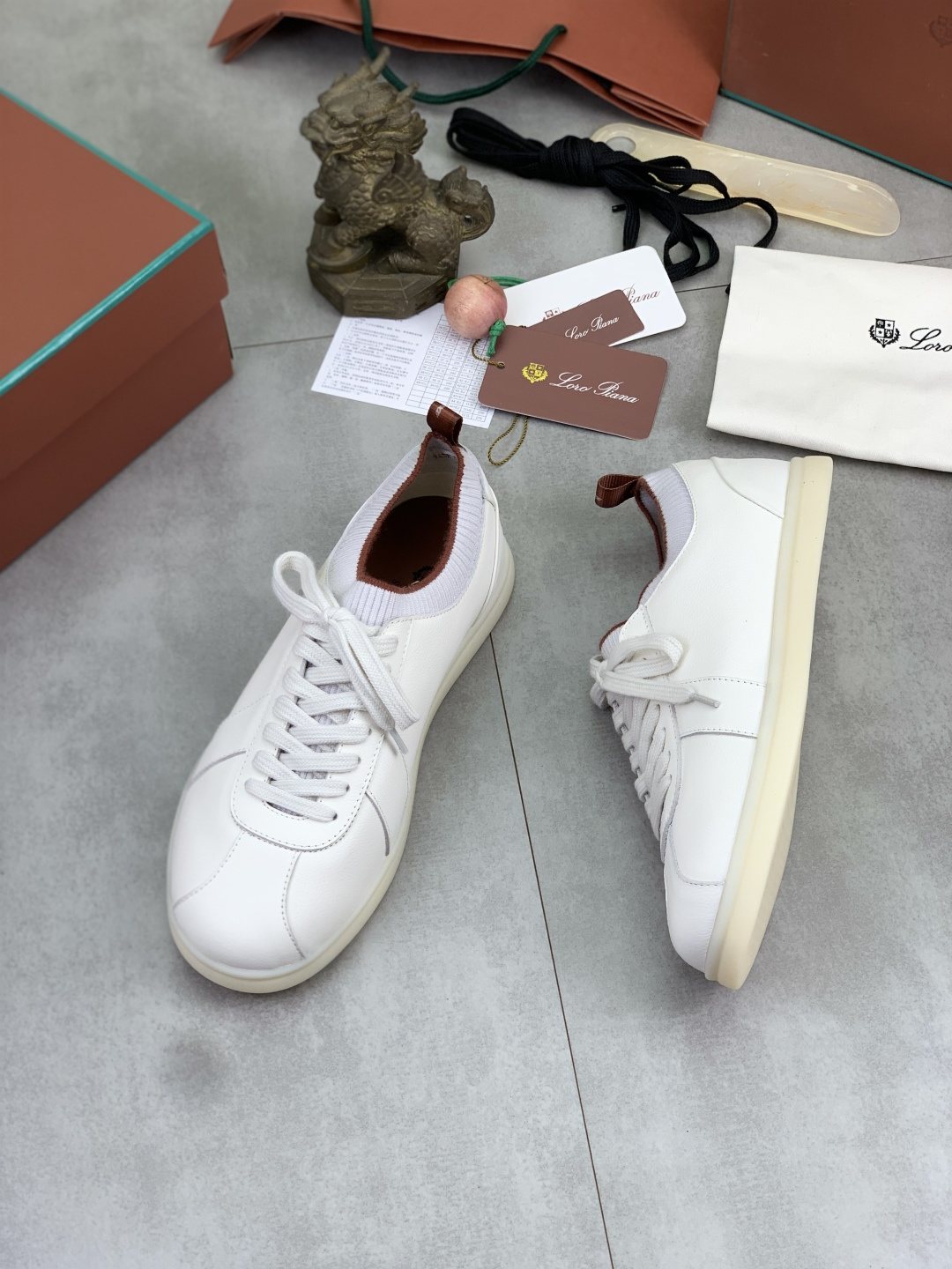 Loro Piana White Knit Leather Sneakers — front
