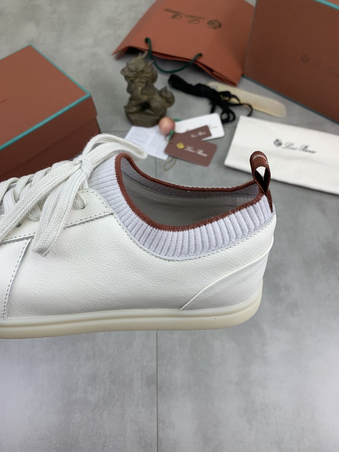 Loro Piana White Knit Leather Sneakers — detail