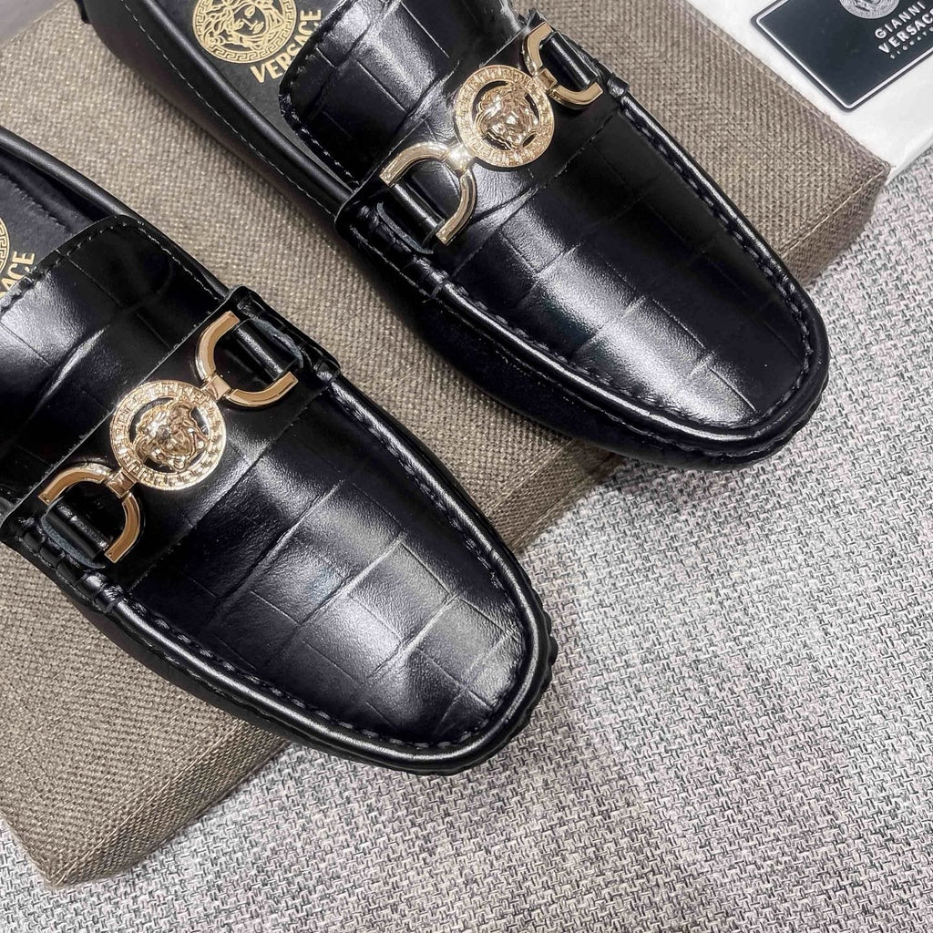 Versace Black Gold Hardware Loafers — detail