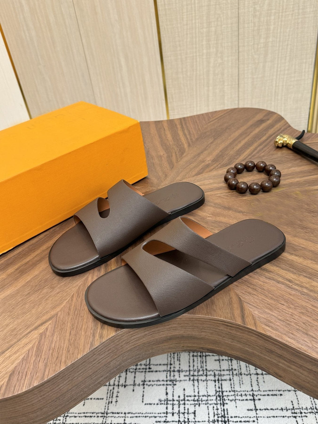 Loro Piana Dark Brown Leather Slide Sandals — side
