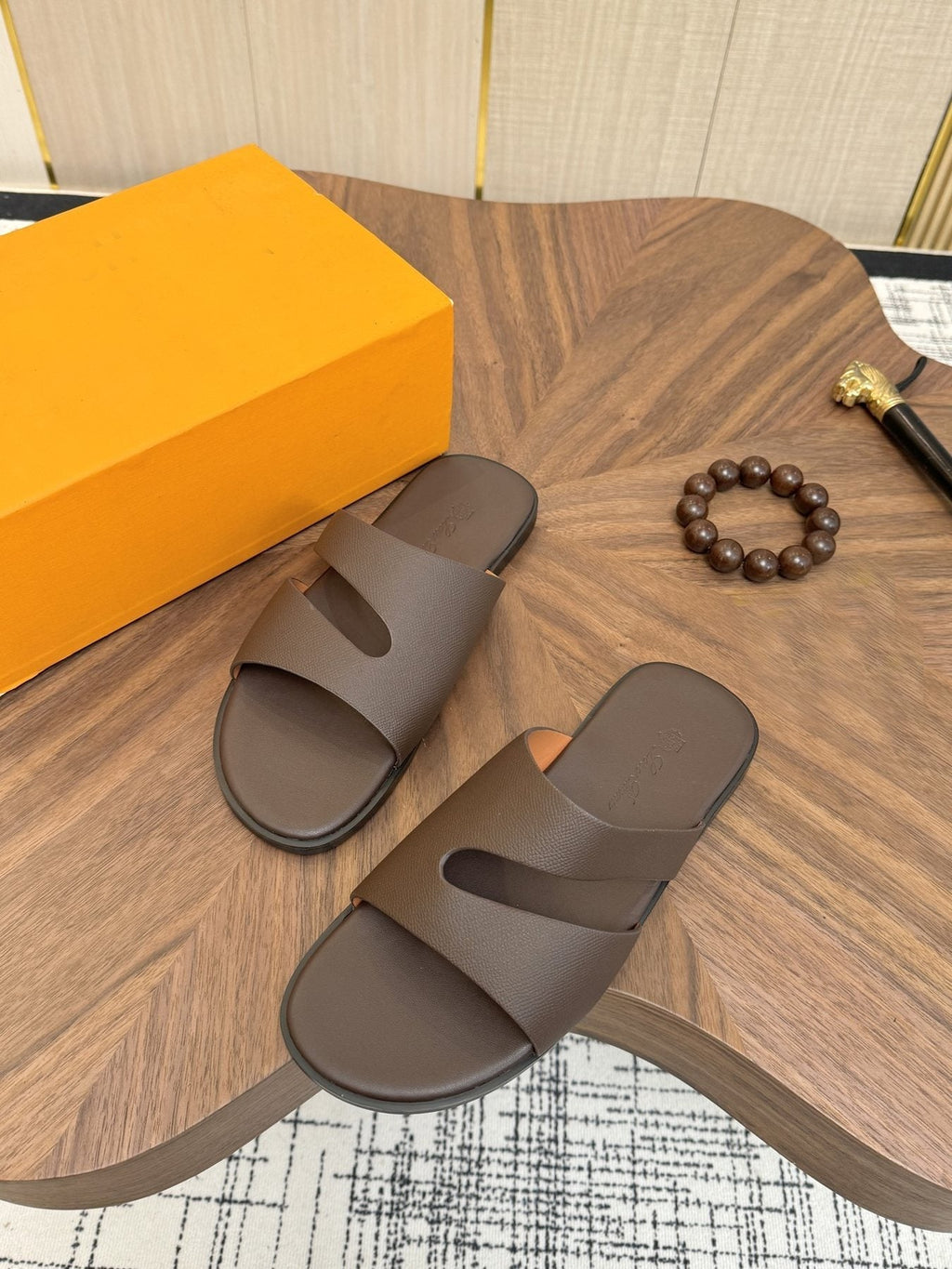 Loro Piana Dark Brown Leather Slide Sandals — front