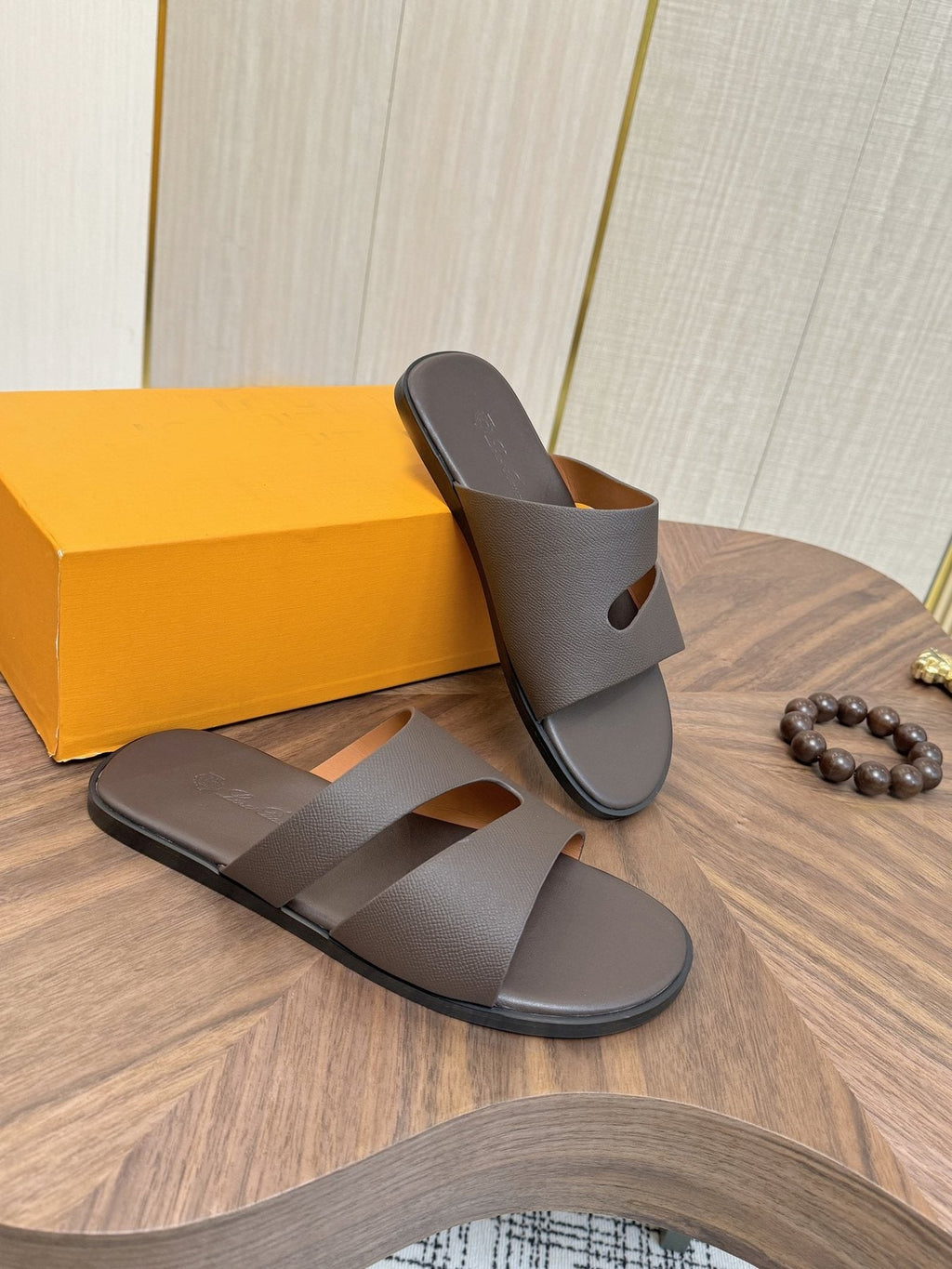 Loro Piana Dark Brown Leather Slide Sandals — side