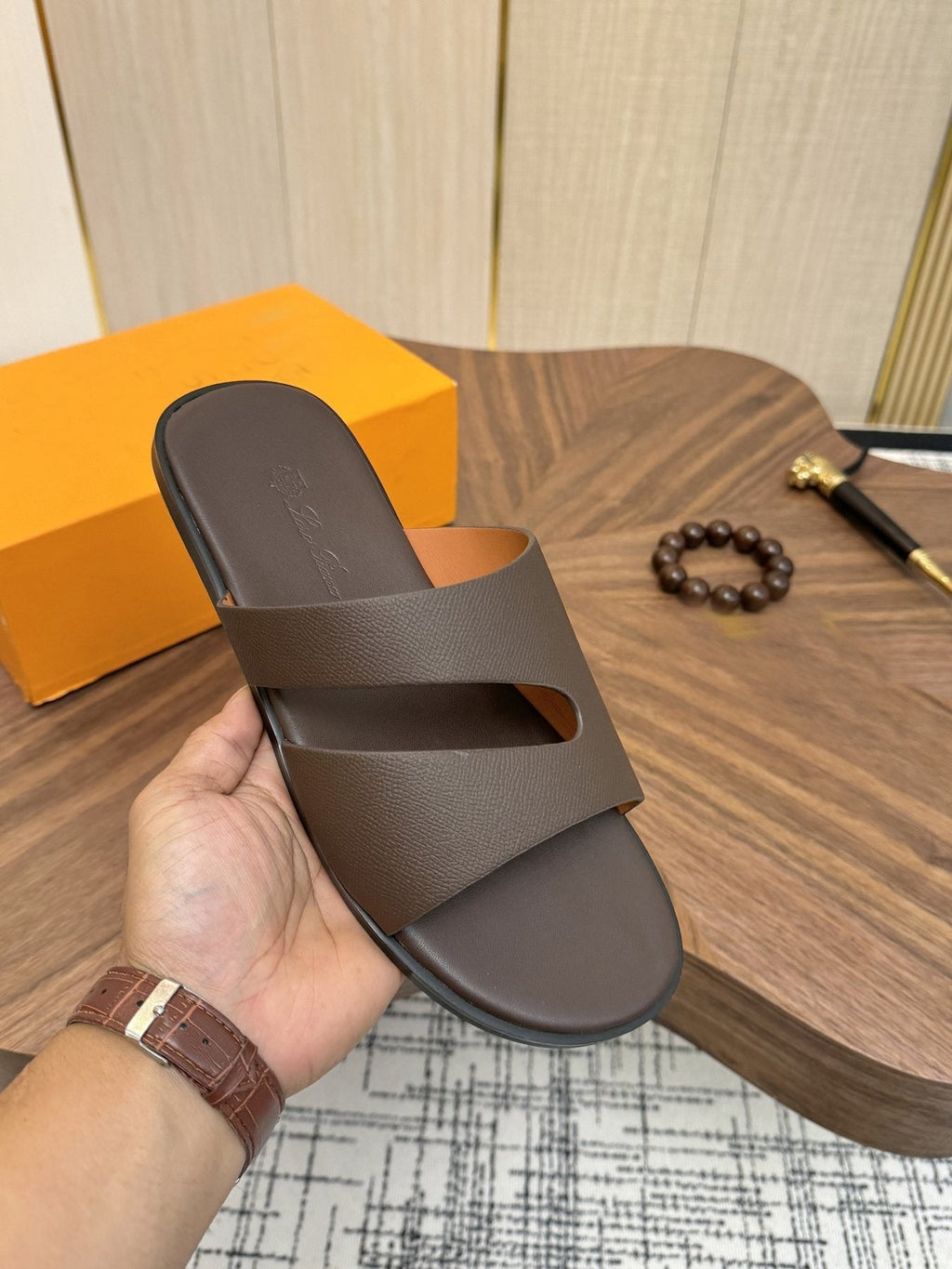 Loro Piana Dark Brown Leather Slide Sandals — model