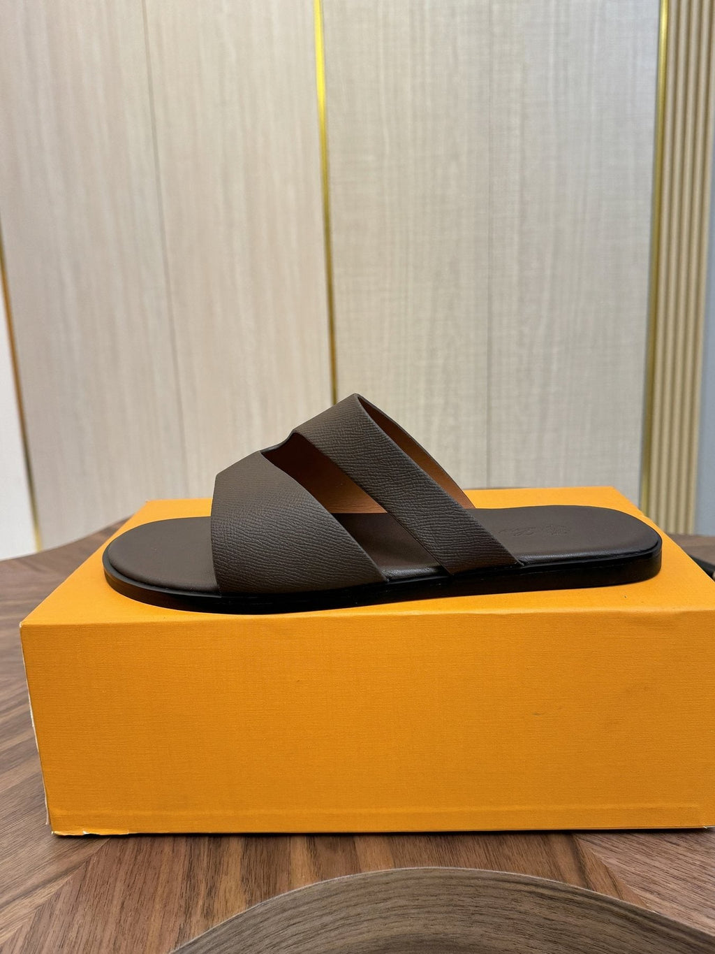 Loro Piana Dark Brown Leather Slide Sandals — side