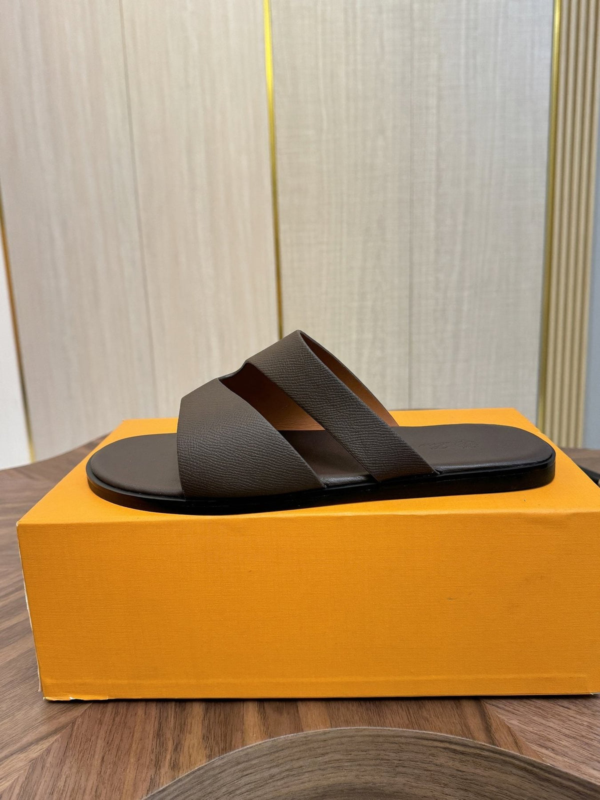 Loro Piana Dark Brown Leather Slide Sandals — side