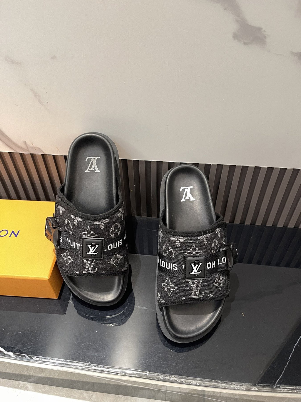 Louis Vuitton Black Monogram Slide Sandals — front