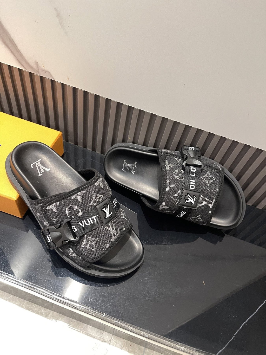 Louis Vuitton Black Monogram Slide Sandals — front