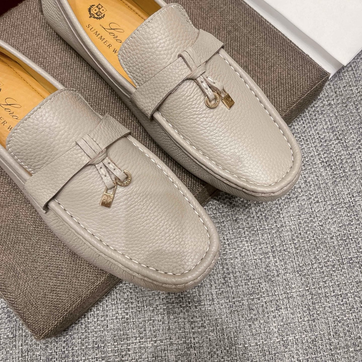 Loro Piana Light Gray Metal-Accent Driving Loafers — detail
