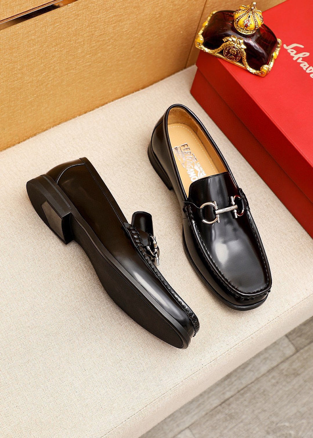 Ferragamo Black Buckle Loafers — front