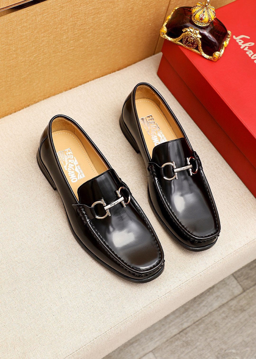 Ferragamo Black Buckle Loafers — hero