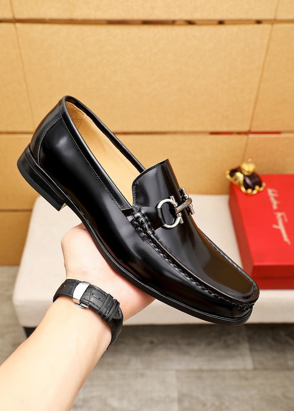 Ferragamo Black Buckle Loafers — model