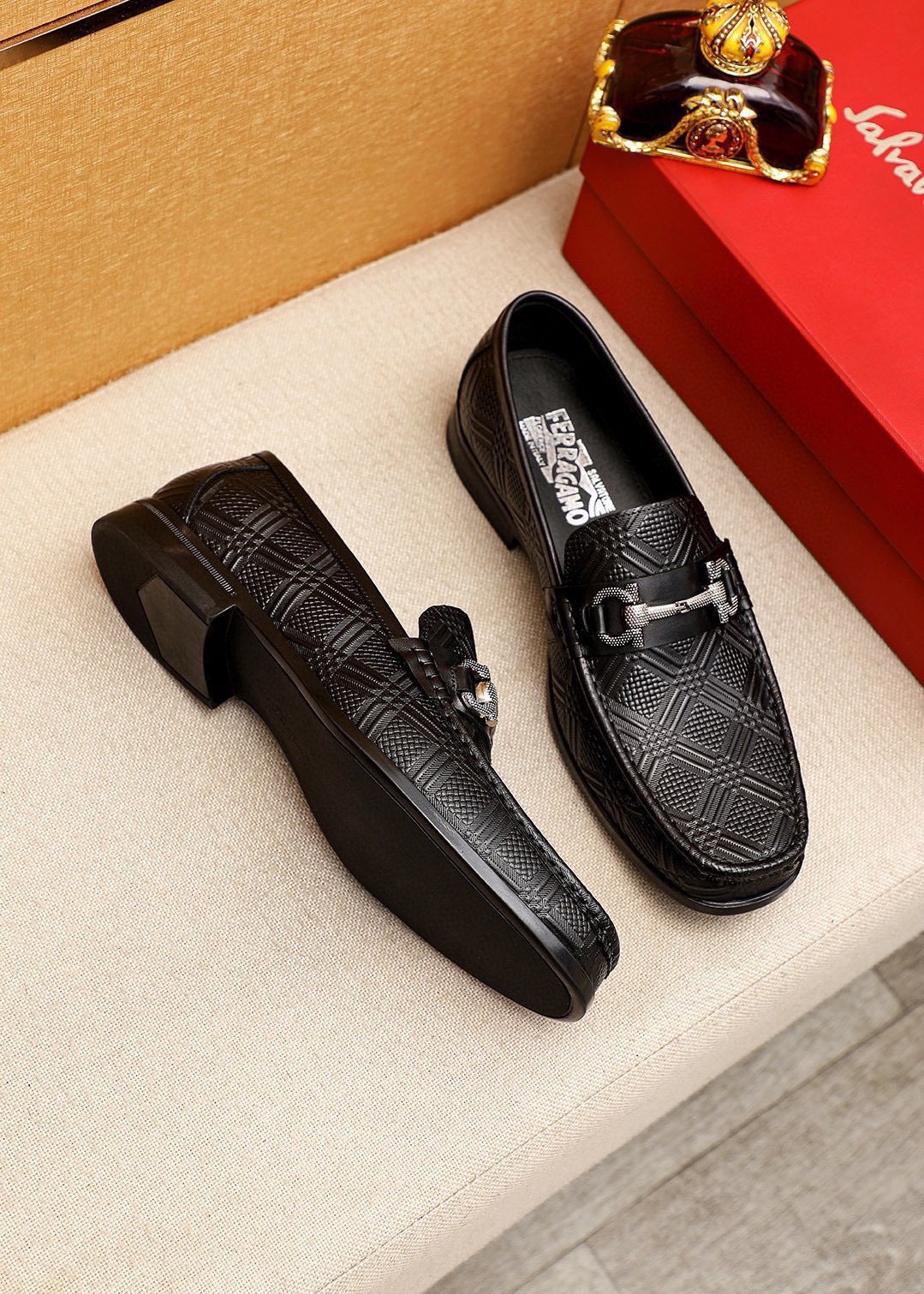Ferragamo Black Embossed Buckle Loafers — front