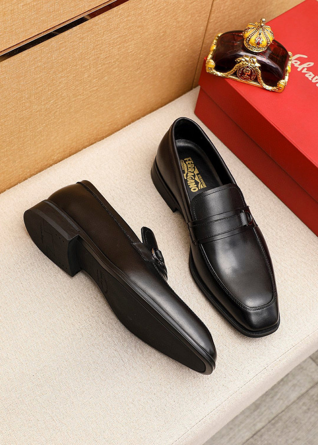 Ferragamo Black Buckle Loafers — front