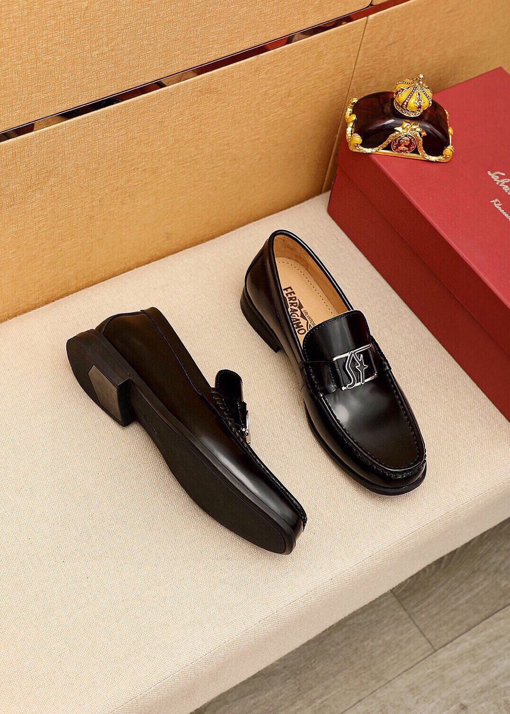Ferragamo Black Leather Hardware Loafers — side