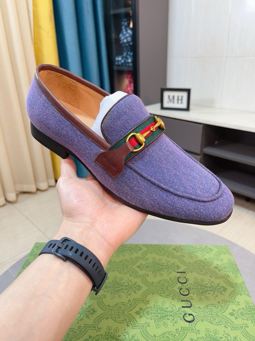 Gucci Purple-Blue Brown-Trim Loafers — model