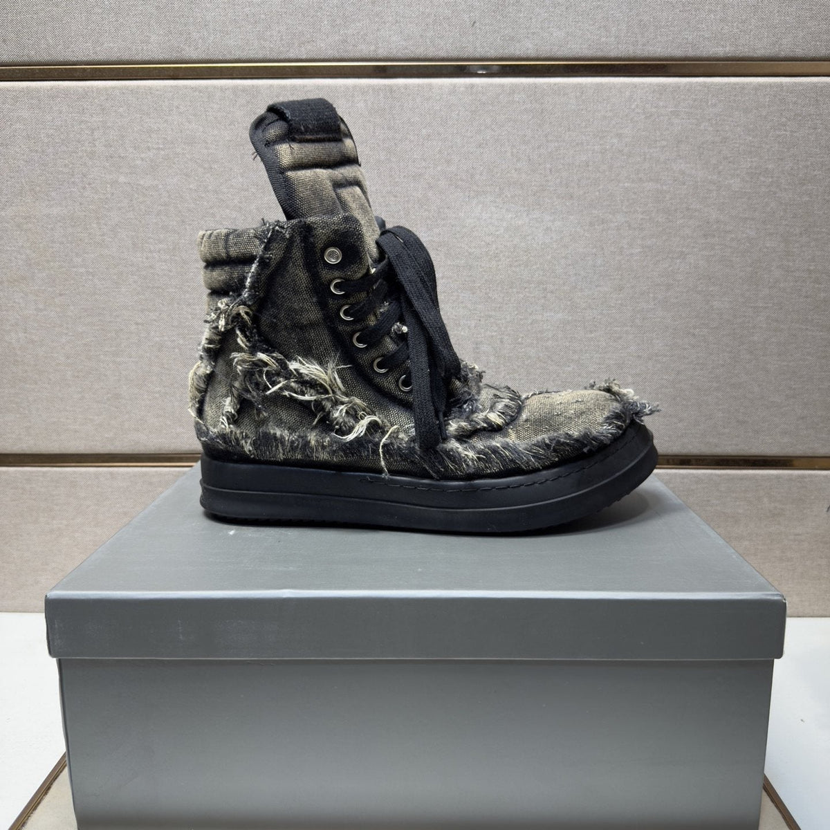 Gray and Black Distressed High-Top Sneakers — side