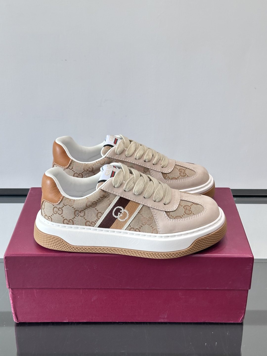 Gucci Beige Patterned Panel Sneakers — hero