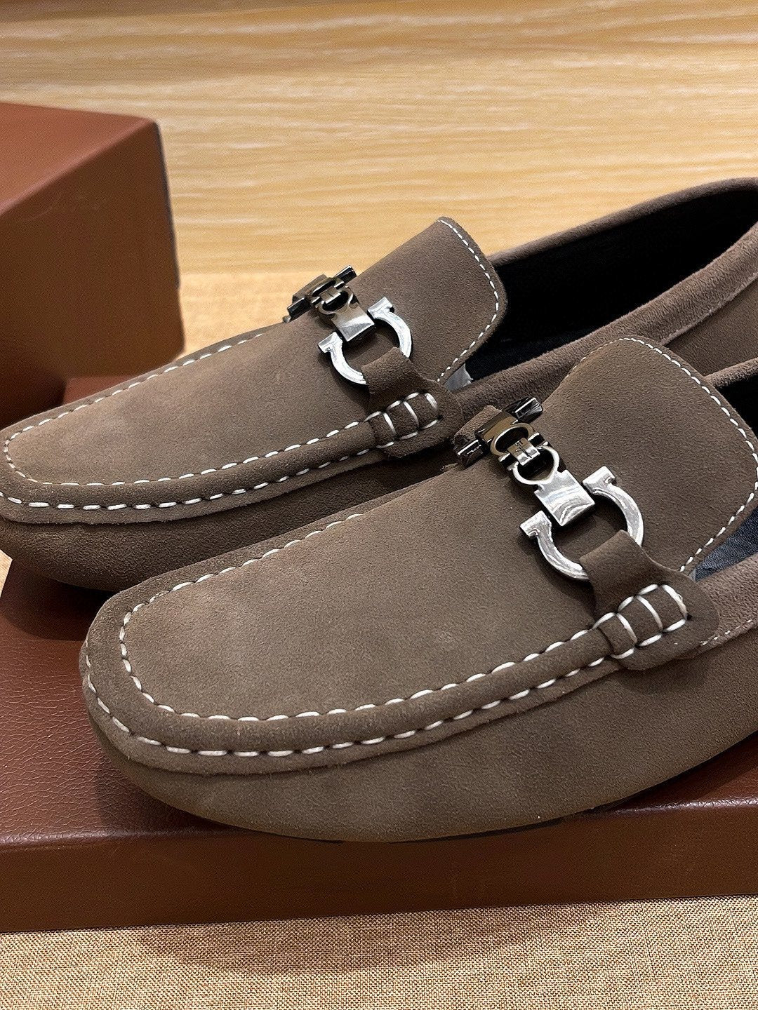 Ferragamo Taupe Bit Loafers — detail