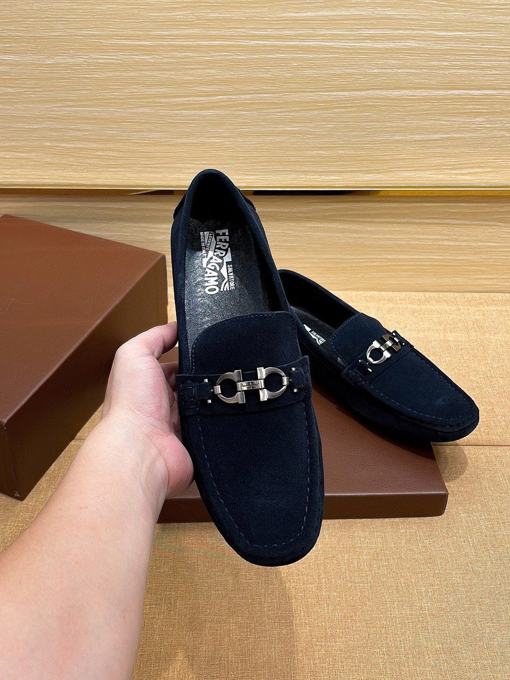 Ferragamo Taupe Bit Loafers — model